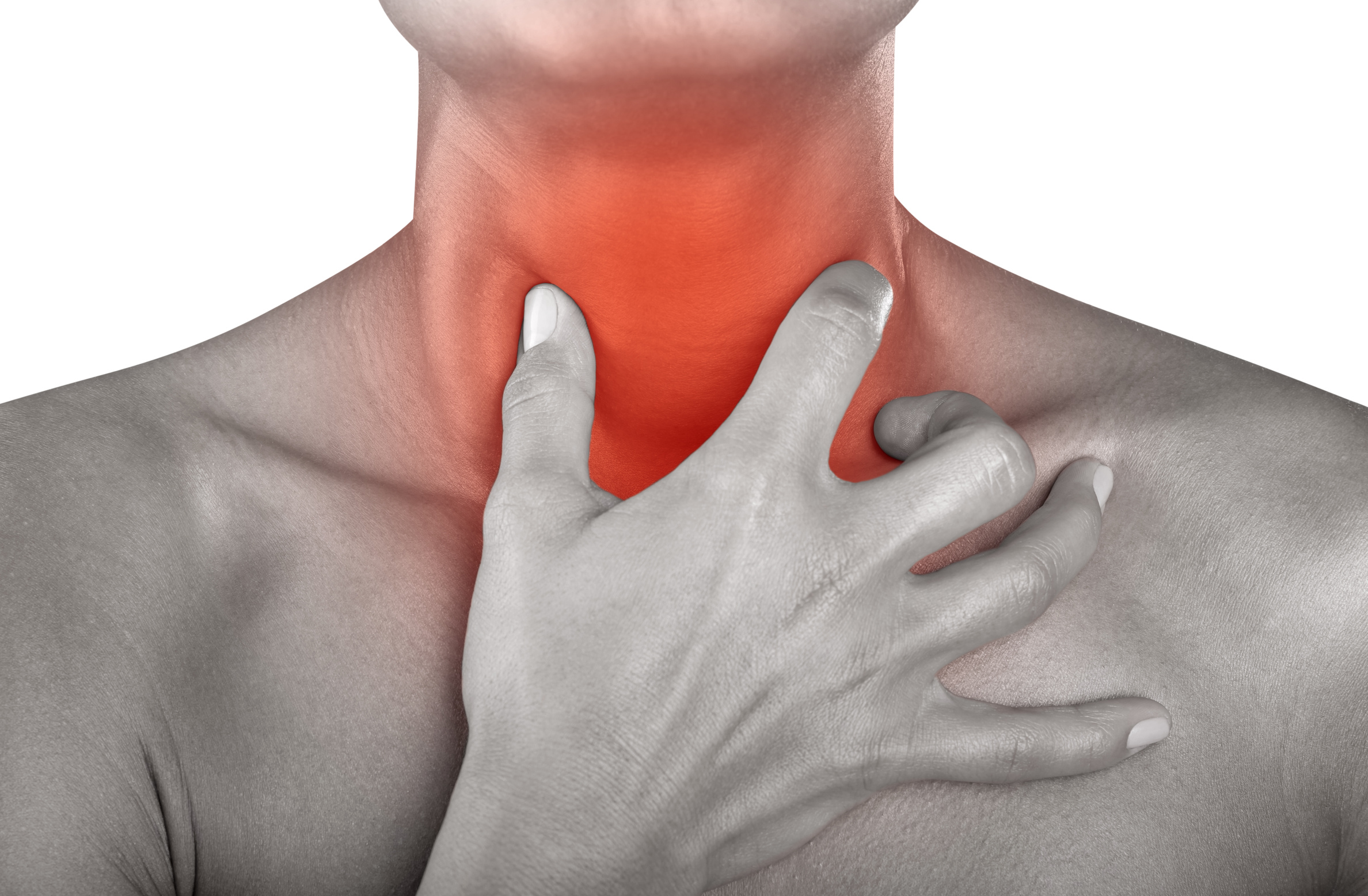 Woman holding his throat in pain, isolated on white background